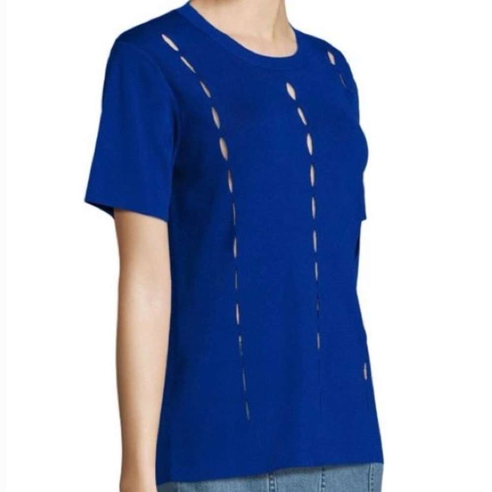 Public School Blue Crew Neck Ribbed Short-Sleeved Structured Tee Top Yves Small
